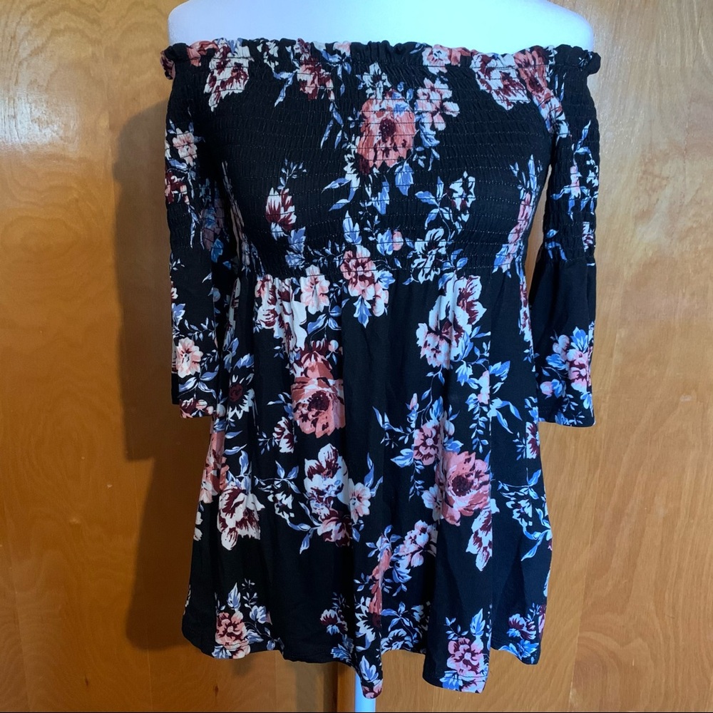 Black Floral Off The Shoulder Top Red White Flower
